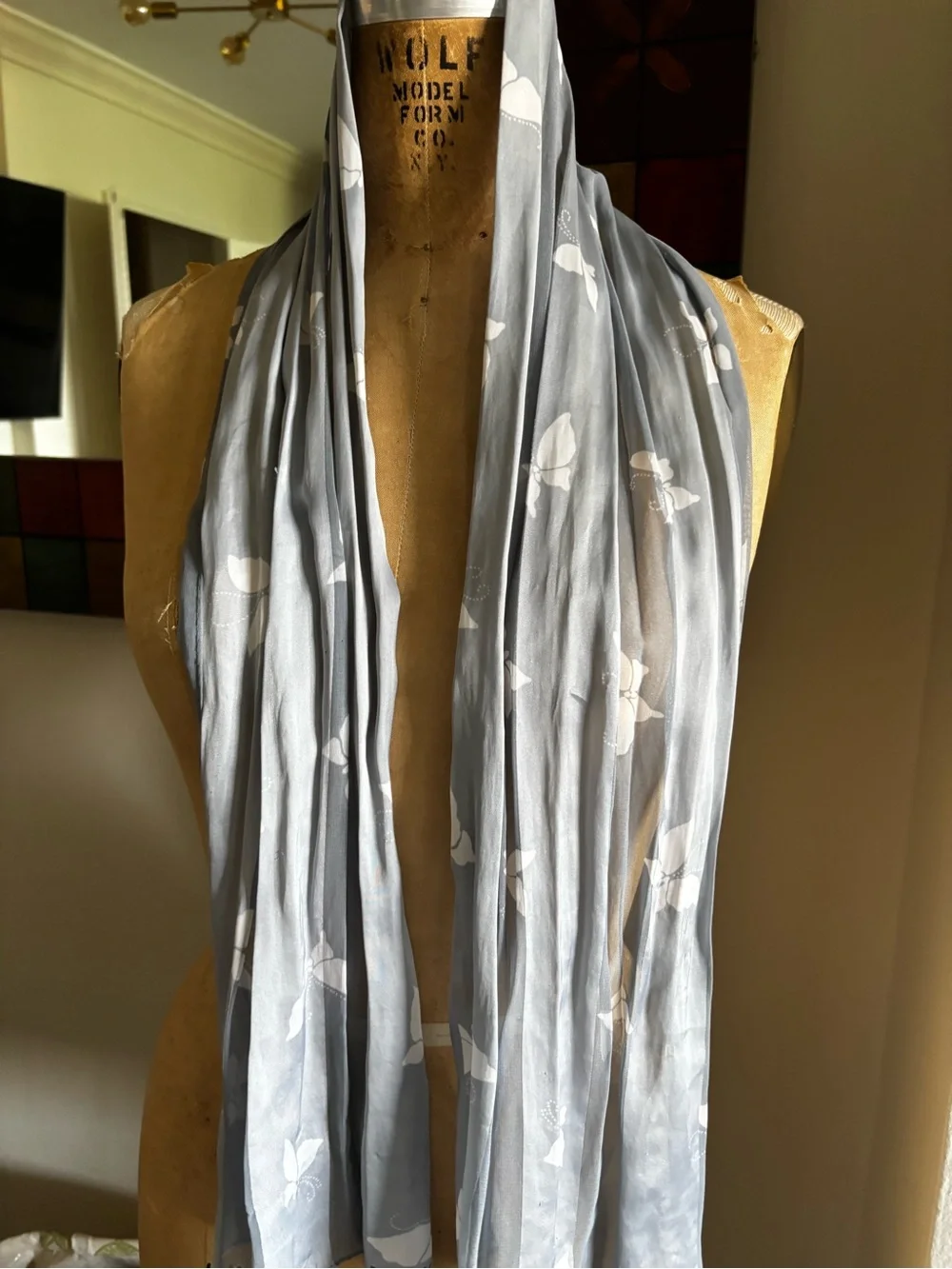 Vintage Butterfly Scarf 11”x52” Lavender White Satin Stripes